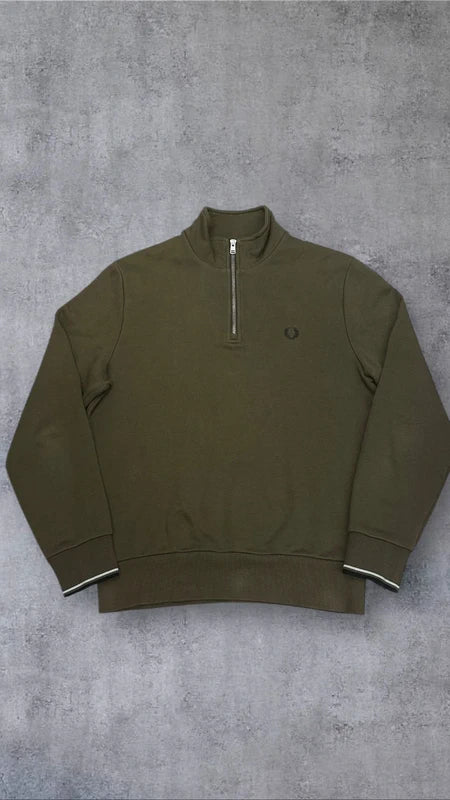Fred Perry Half zip Pullover Hoodie Sweater Sweatshirt Khaki M 2