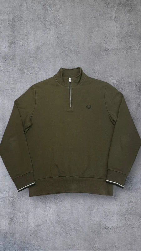 Fred Perry Half zip Pullover Hoodie Sweater Sweatshirt Khaki M