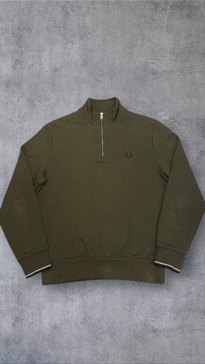 Fred Perry Half zip Pullover Hoodie Sweater Sweatshirt Khaki M