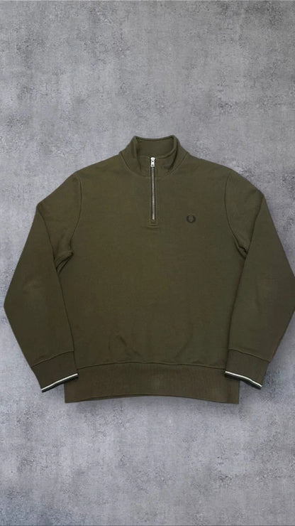 Fred Perry Half zip Pullover Hoodie Sweater Sweatshirt Khaki M 2