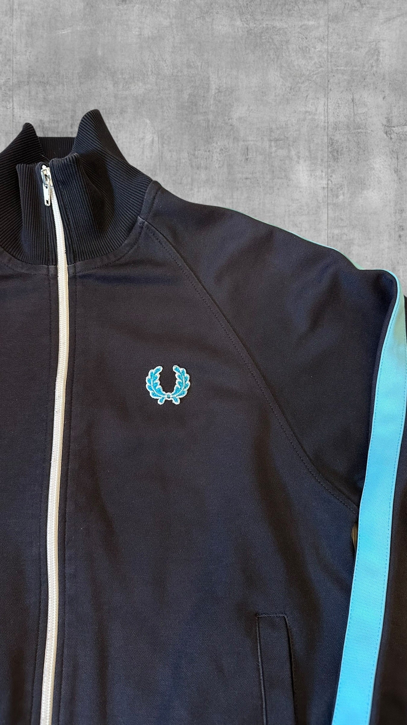 Vintage Fred Perry Trainingsjacke Taped Zip Jacke Schwarz Hellblau XS