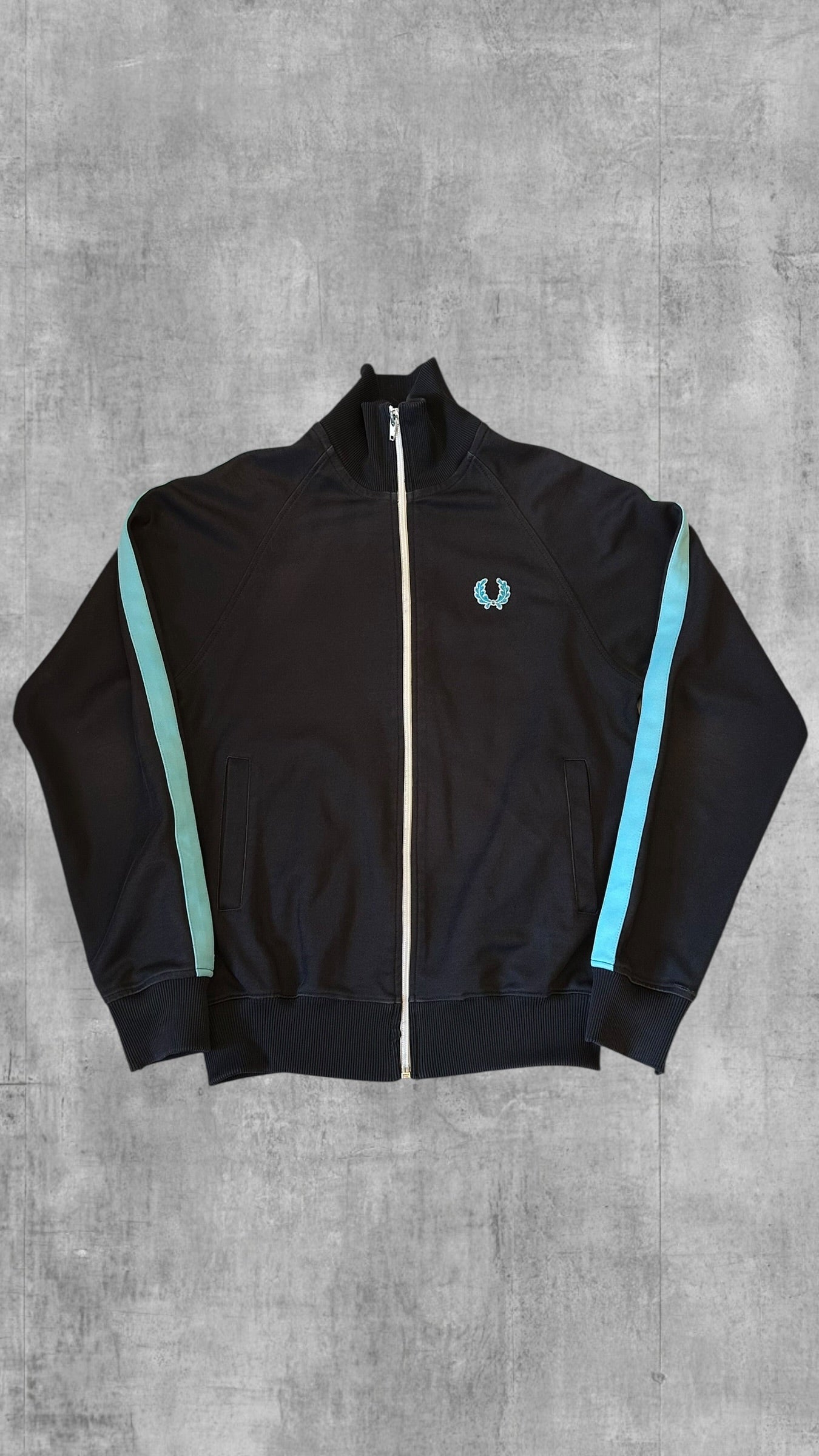 Vintage Fred Perry Trainingsjacke Taped Zip Jacke Schwarz Hellblau XS