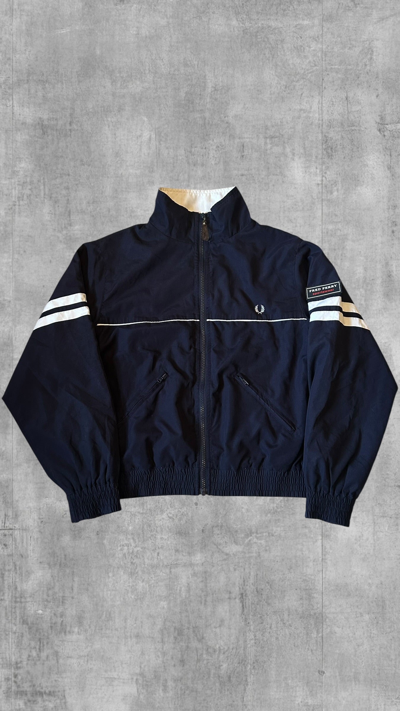 Fred Perry Vintage Windbreaker Zip Jacke Navy Blau Weiß Frauengröße M