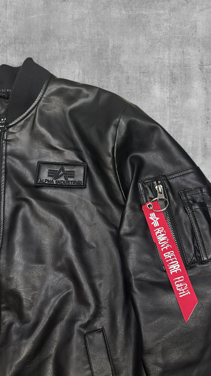 Alpha Industries Leder Bomberjacke Schwarz L