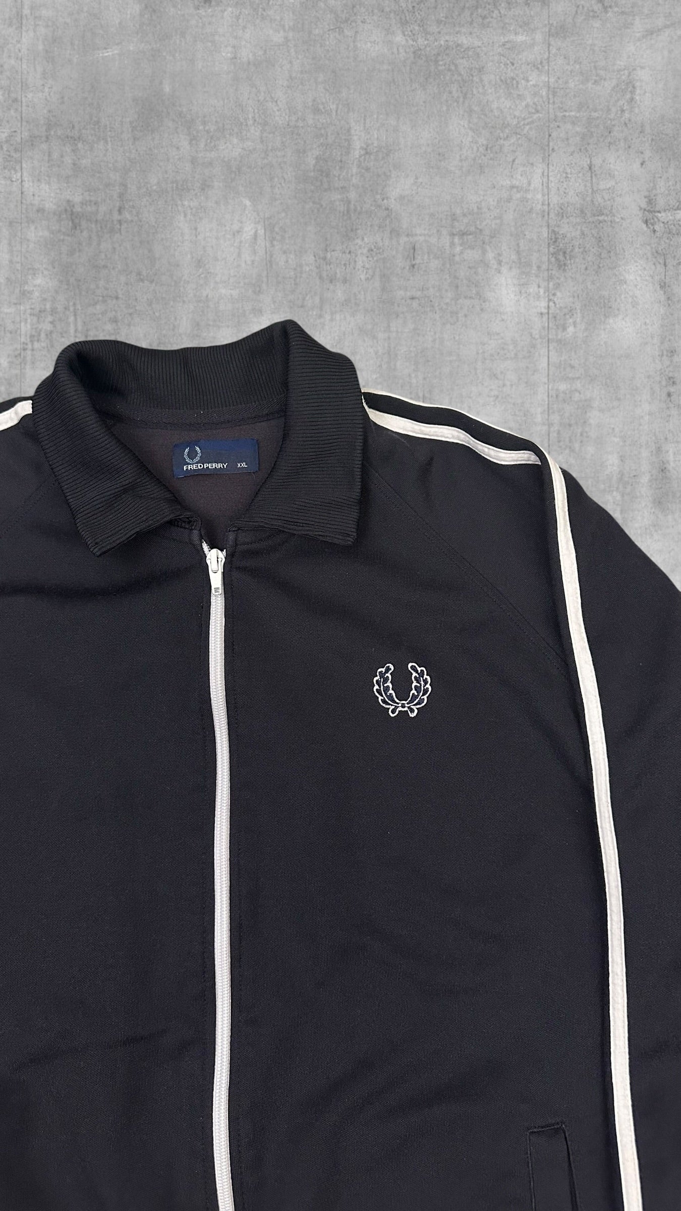 Fred Perry Vintage Trainingsjacke Taped mit Kragen Schwarz weiß XXL