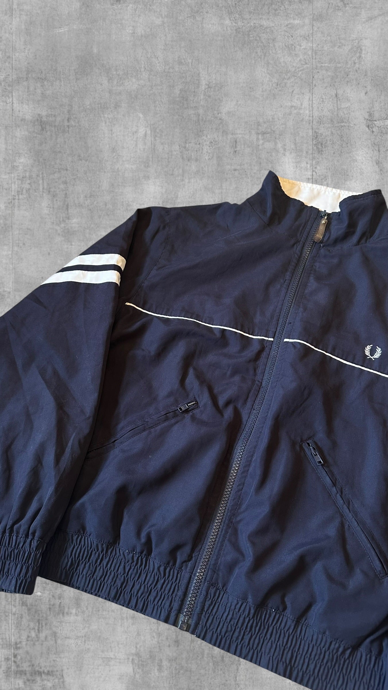 Fred Perry Vintage Windbreaker Zip Jacke Navy Blau Weiß Frauengröße M