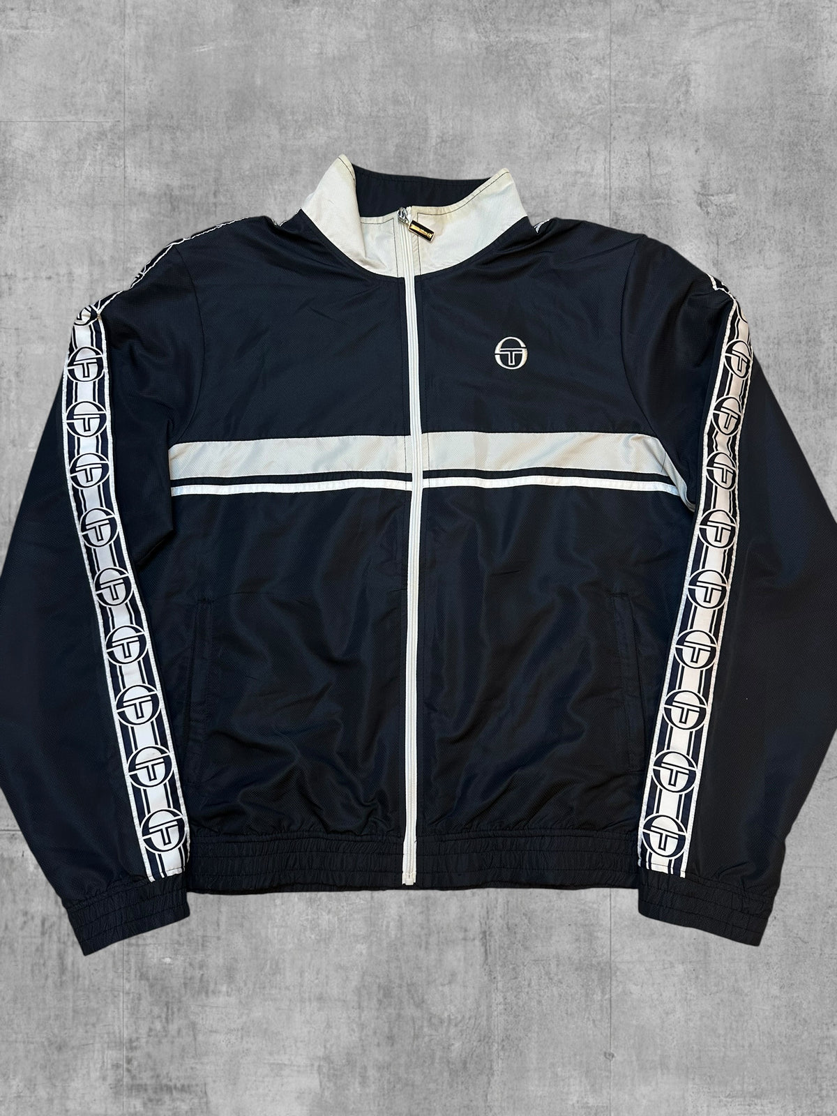 Sergio Tacchini Trainingsjacke Windbreaker Taped Schwarzblau Weiß L / XL