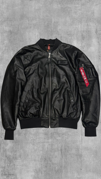 Alpha Industries Leder Bomberjacke Schwarz L