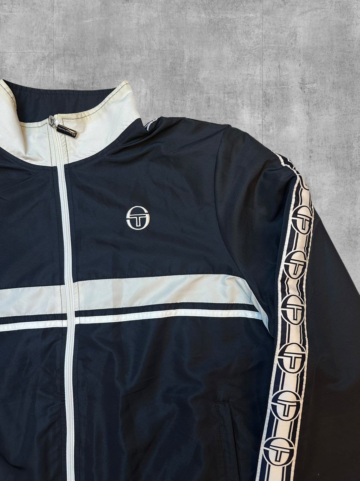 Sergio Tacchini Trainingsjacke Windbreaker Taped Schwarzblau Weiß L / XL