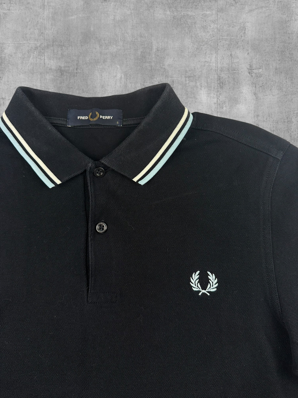 Fred Perry Langarm Polo Shirt Schwarz Weiß Türkis S