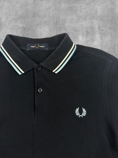 Fred Perry Langarm Polo Shirt Schwarz Weiß Türkis S