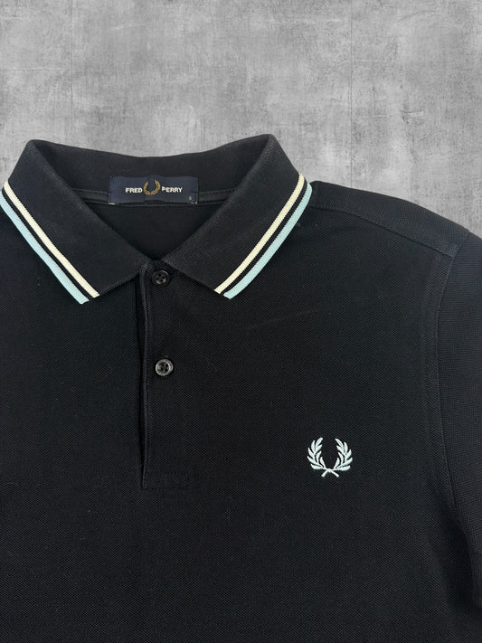 Fred Perry Langarm Polo Shirt Schwarz Weiß Türkis S