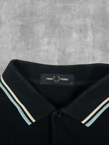 Fred Perry Langarm Polo Shirt Schwarz Weiß Türkis S