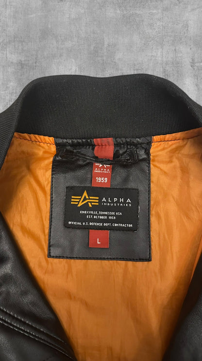 Alpha Industries Leder Bomberjacke Schwarz L