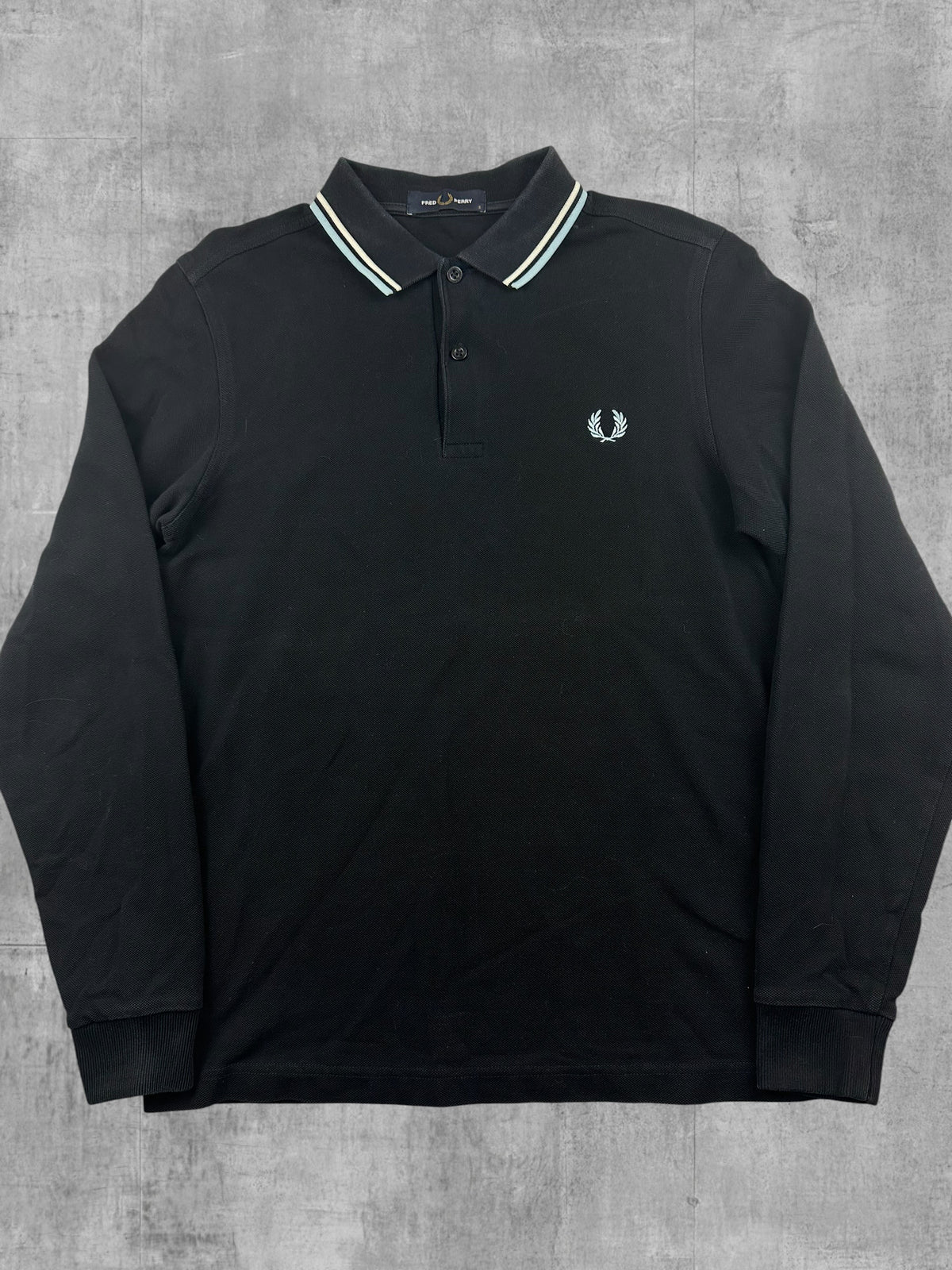 Fred Perry Langarm Polo Shirt Schwarz Weiß Türkis S