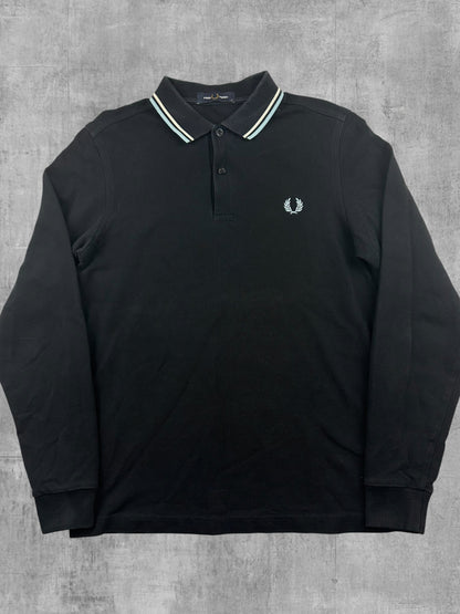 Fred Perry Langarm Polo Shirt Schwarz Weiß Türkis S