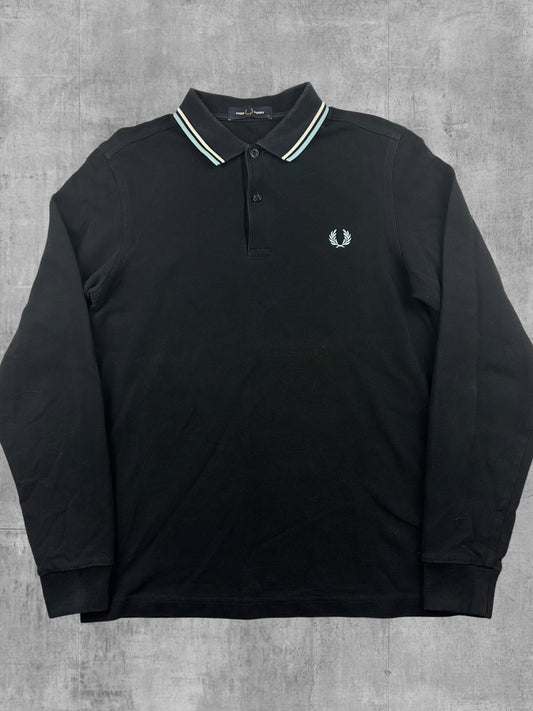 Fred Perry Langarm Polo Shirt Schwarz Weiß Türkis S