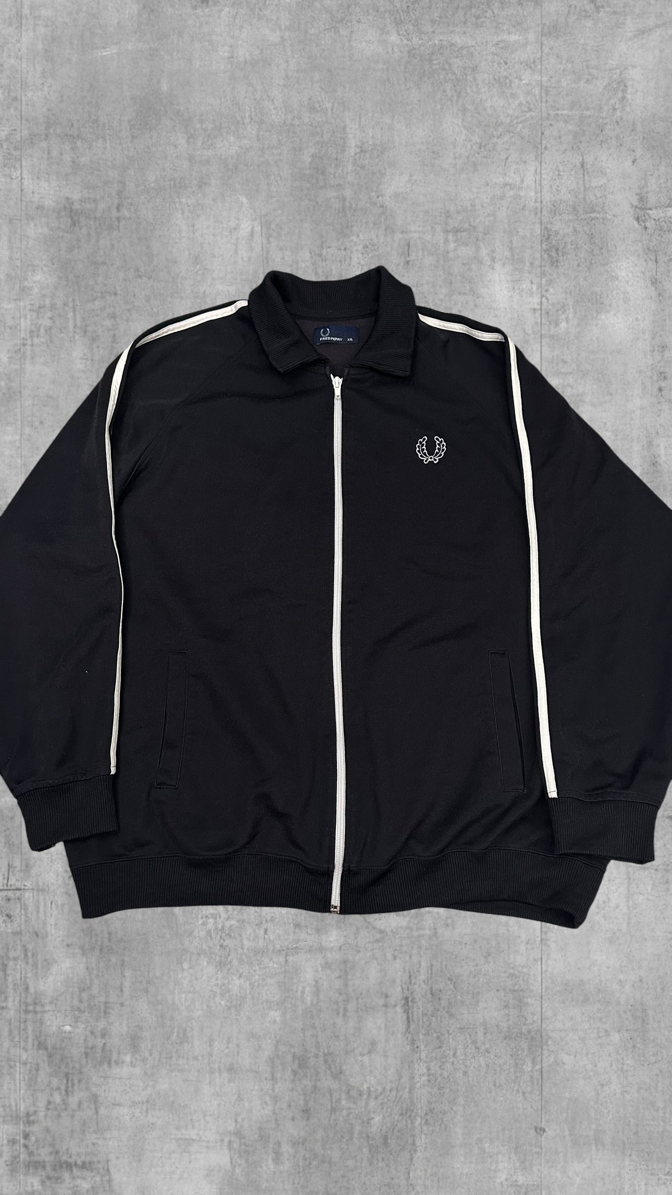 Fred Perry Vintage Trainingsjacke Taped mit Kragen Schwarz weiß XXL
