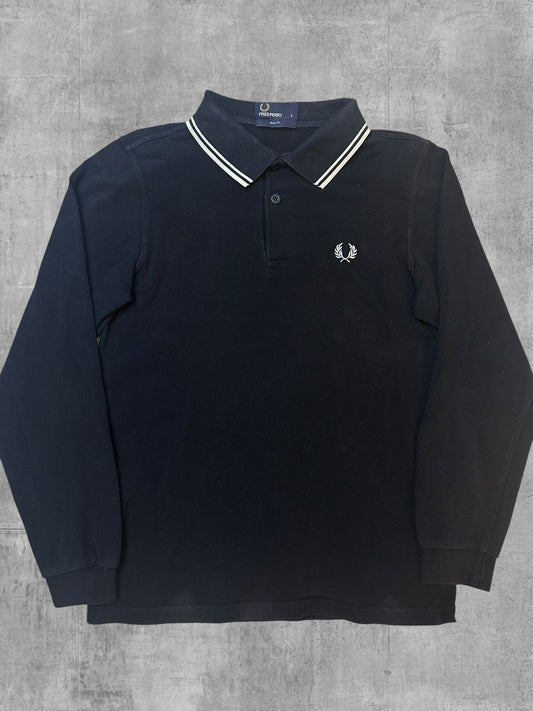 Fred Perry Langarm Polo Shirt Schwarz Weiß S Slim Fit