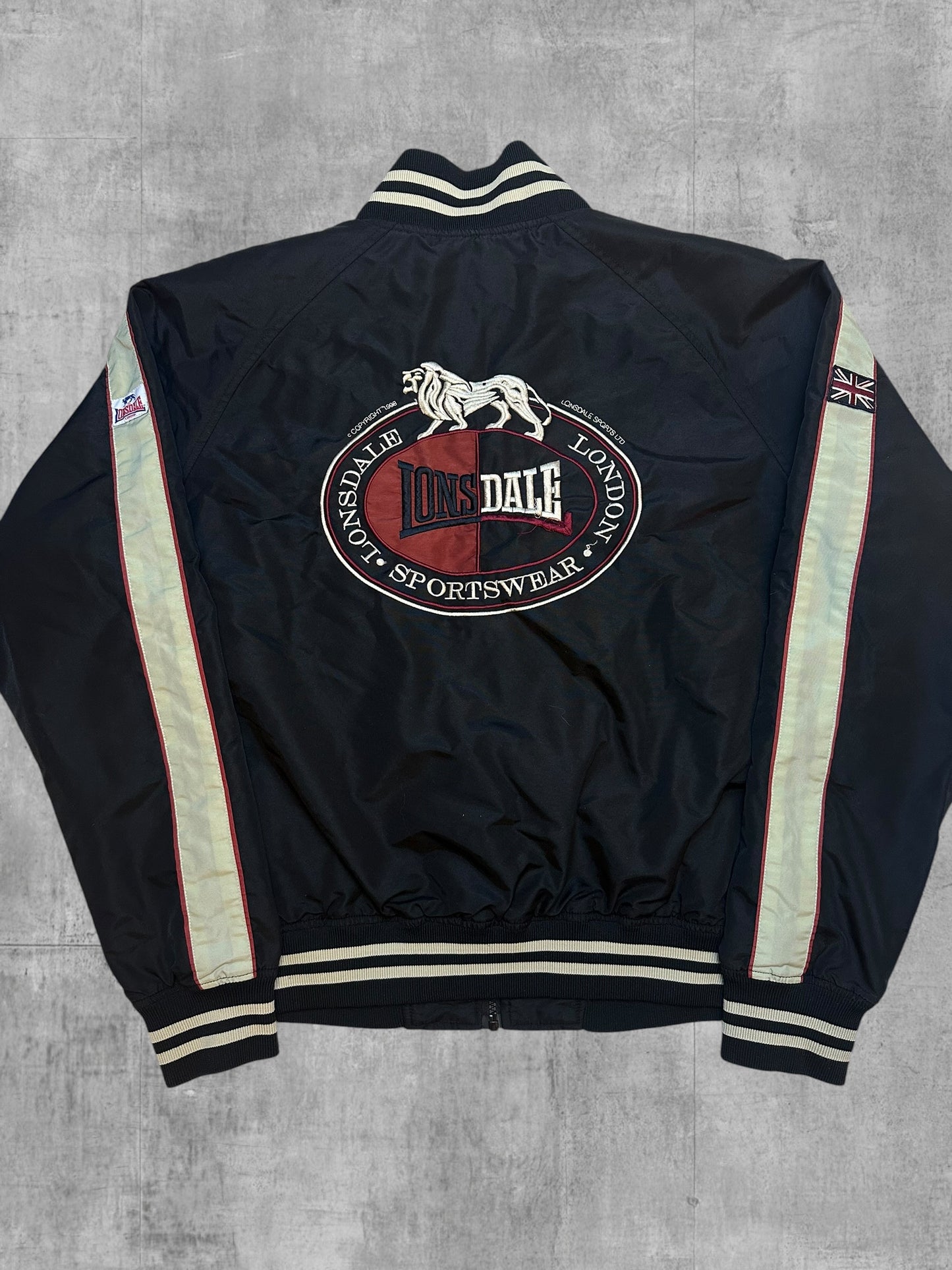 Lonsdale London Bomberjacke Backprint Schwarz Beige Weinrot M - L