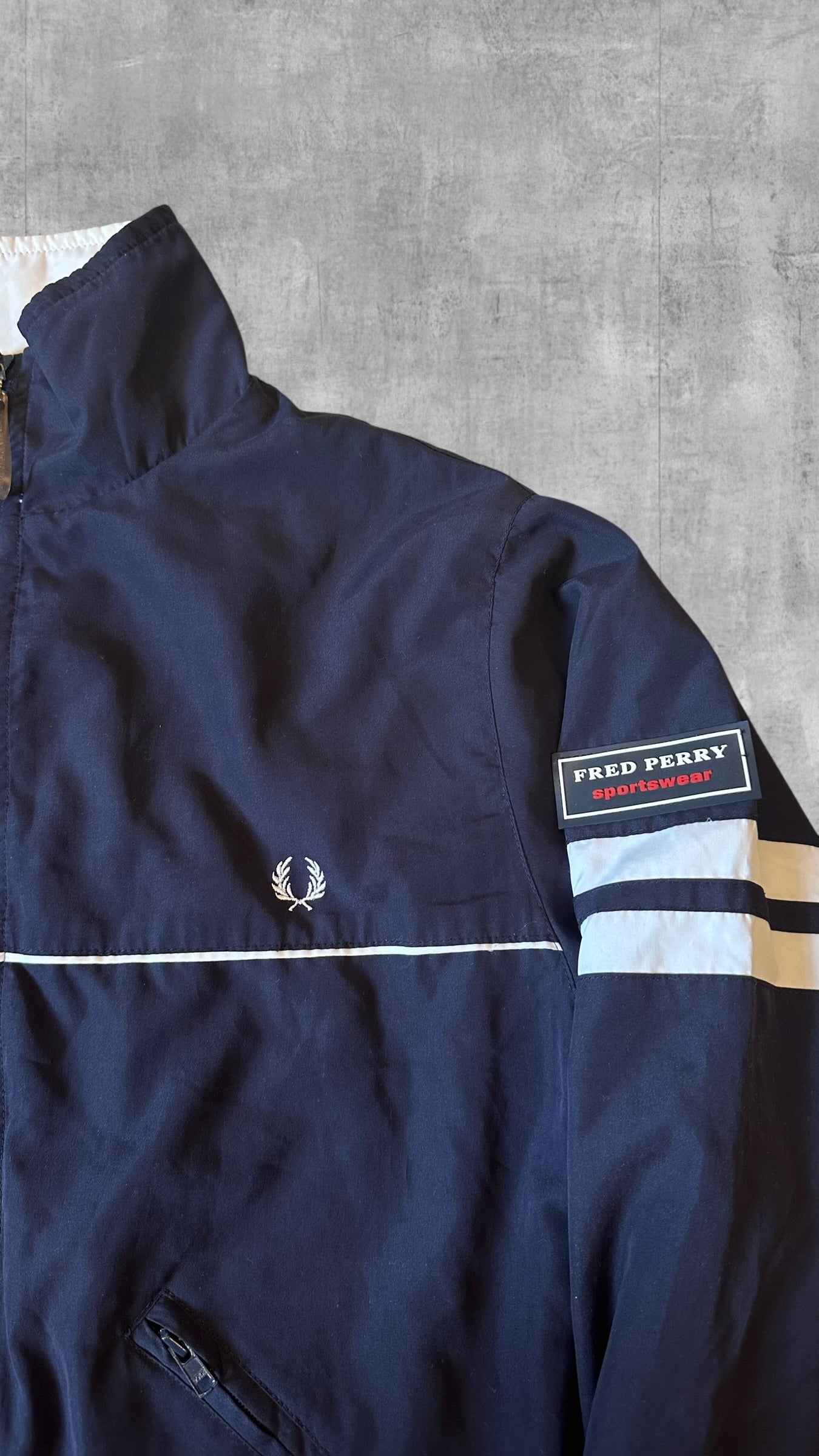Fred Perry Vintage Windbreaker Zip Jacke Navy Blau Weiß Frauengröße M